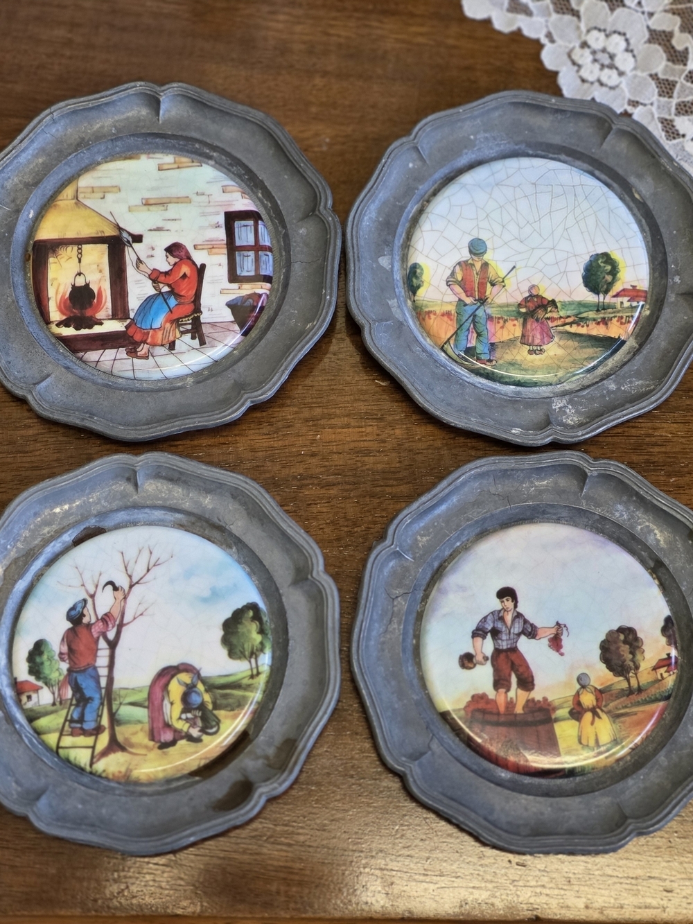 Vintage Pewter Folk Art Wall Plaques Set of 4 Peasant Farm Scenes Cottage Decor